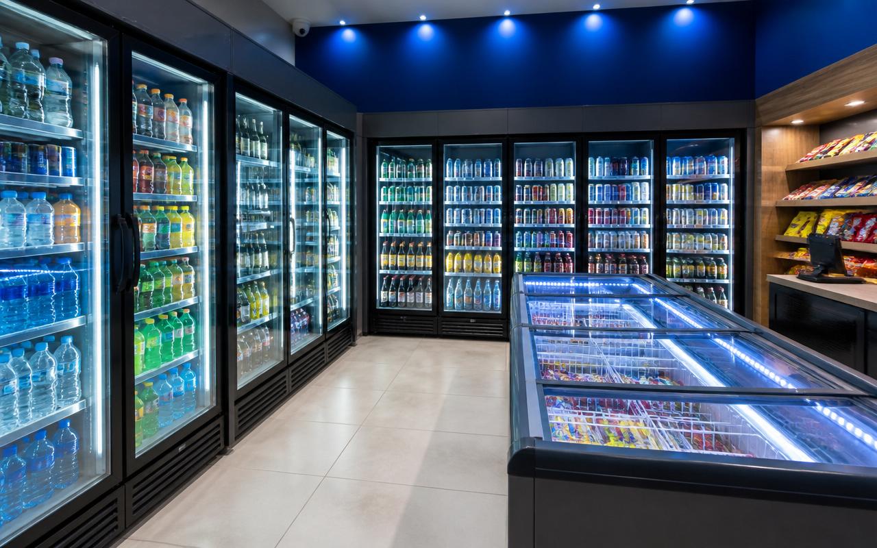 Kiosco con heladeras de bebidas y freezer