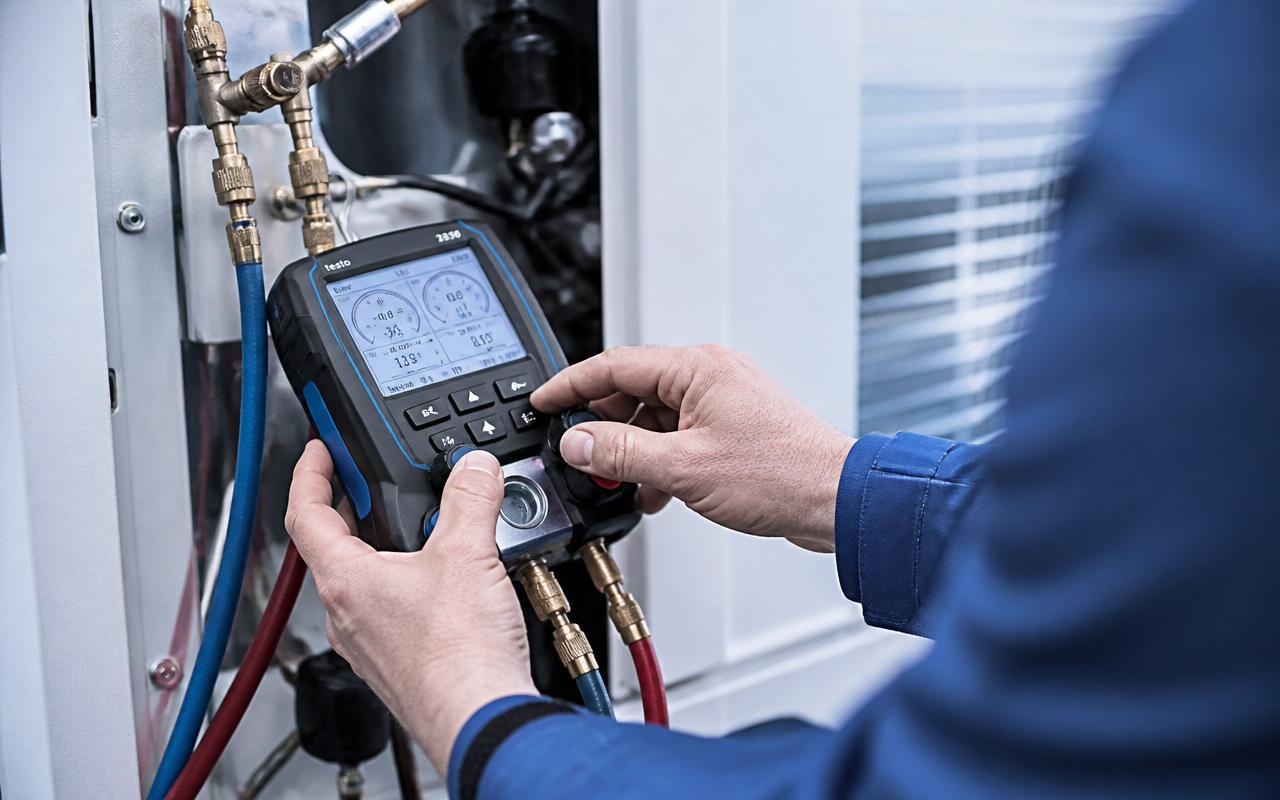 Técnico realizando mantenimiento con manómetros digitales